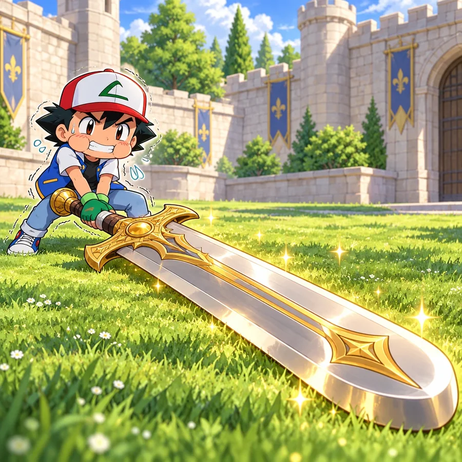 Tiny Ash straining to lift a giant golden sword