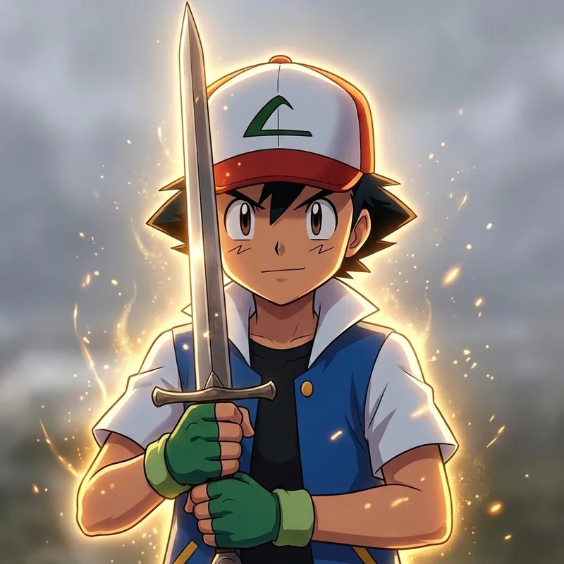 Ash holding the glowing sword upright